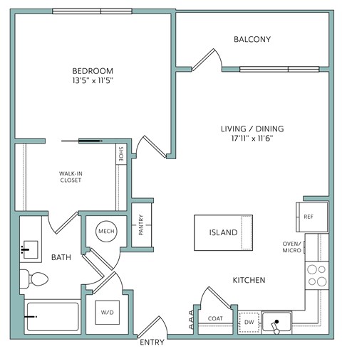 Floor plan for 1 bed, 1 bath, 743 sqft